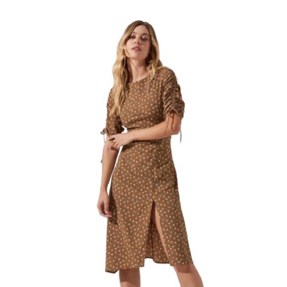 Astr Brown Floral Long Sleeve Midi Dress